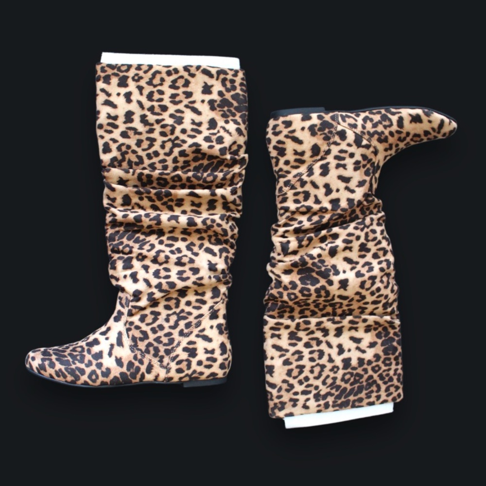 Soda Knee High Flat Slouchy Slip-on Leopard Animal Print Boots